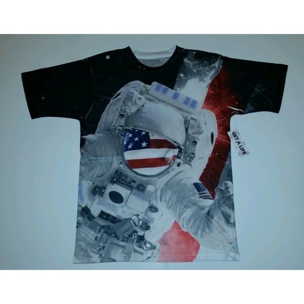 New Mens GET A LIFE USA NASA Moon Space 2-sided graphic T-Shirt polyester SZ XL